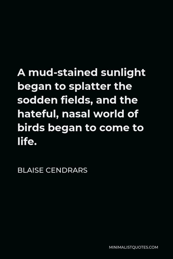 Blaise Cendrars Quote - A mud-stained sunlight began to splatter the sodden fields, and the hateful, nasal world of birds began to come to life.