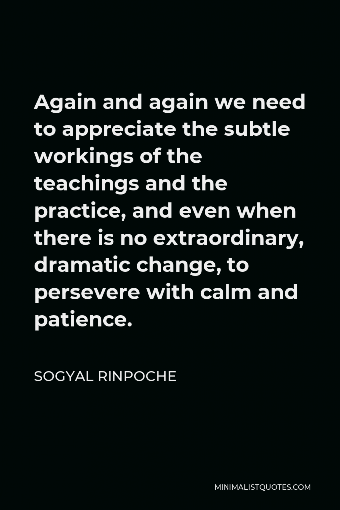 Sogyal Rinpoche Quote - Again and again we need to appreciate the subtle workings of the teachings and the practice, and even when there is no extraordinary, dramatic change, to persevere with calm and patience.