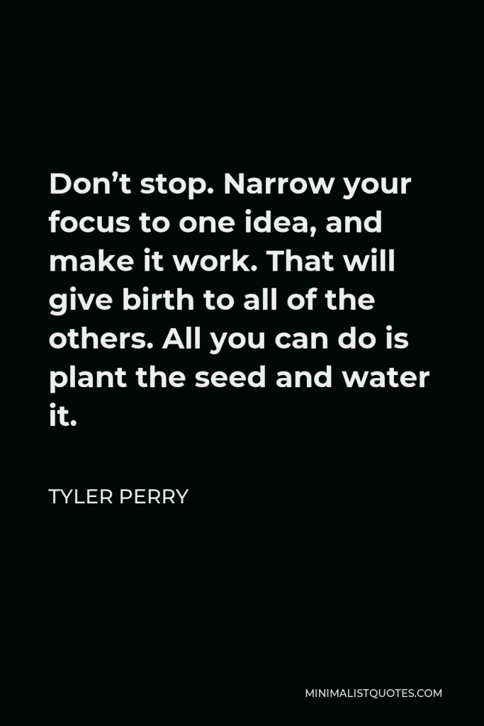 Tyler Perry Quote - Don’t stop. Narrow your focus to one idea, and make it work. That will give birth to all of the others. All you can do is plant the seed and water it.
