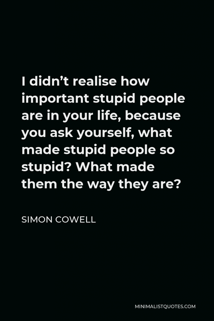 Simon Cowell Quote - I didn’t realise how important stupid people are in your life, because you ask yourself, what made stupid people so stupid? What made them the way they are?