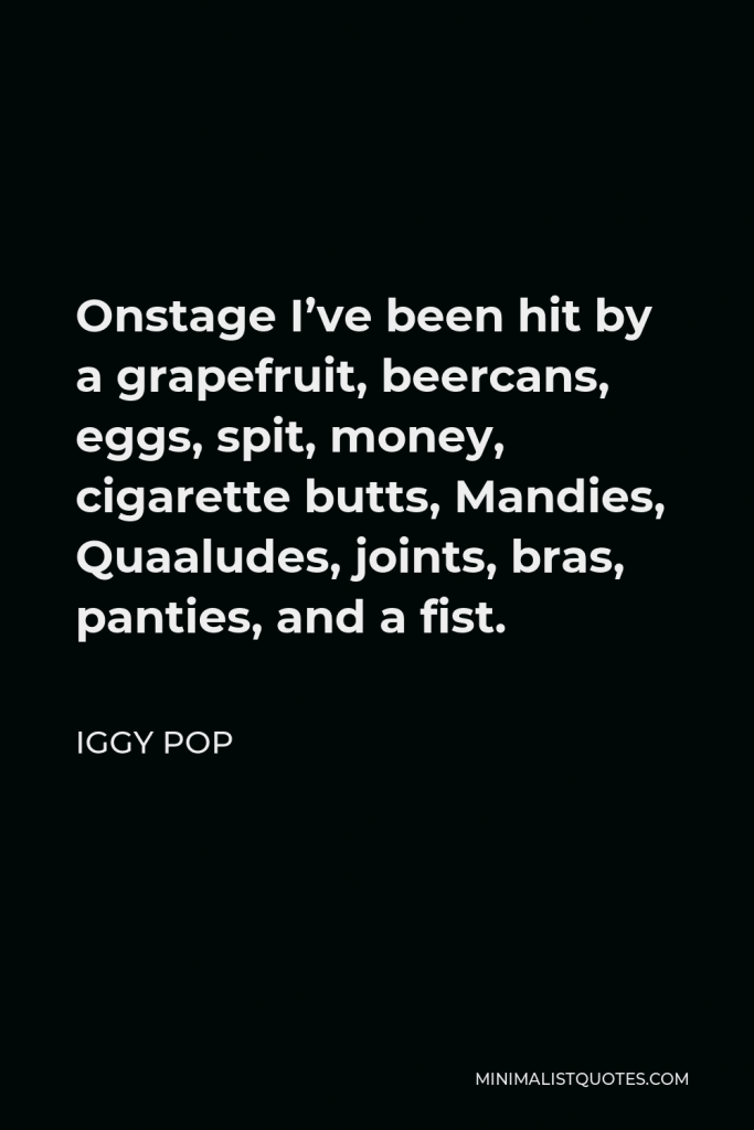 Iggy Pop Quote - Onstage I’ve been hit by a grapefruit, beercans, eggs, spit, money, cigarette butts, Mandies, Quaaludes, joints, bras, panties, and a fist.
