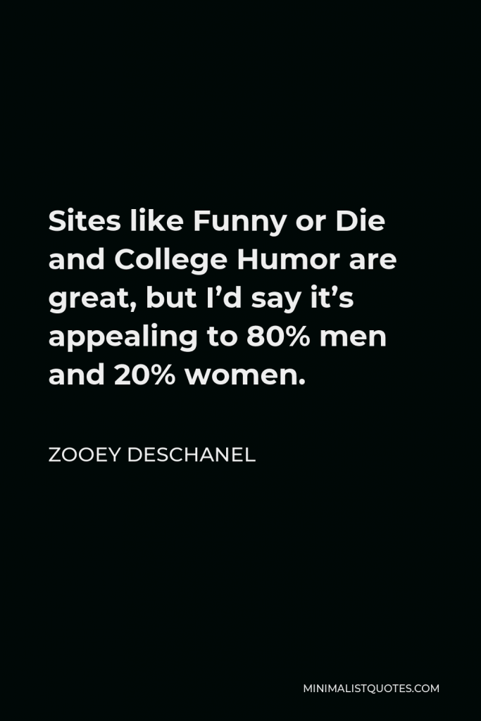 Zooey Deschanel Quote - Sites like Funny or Die and College Humor are great, but I’d say it’s appealing to 80% men and 20% women.