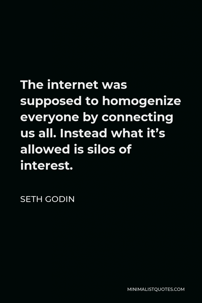 Seth Godin Quote - The internet was supposed to homogenize everyone by connecting us all. Instead what it’s allowed is silos of interest.