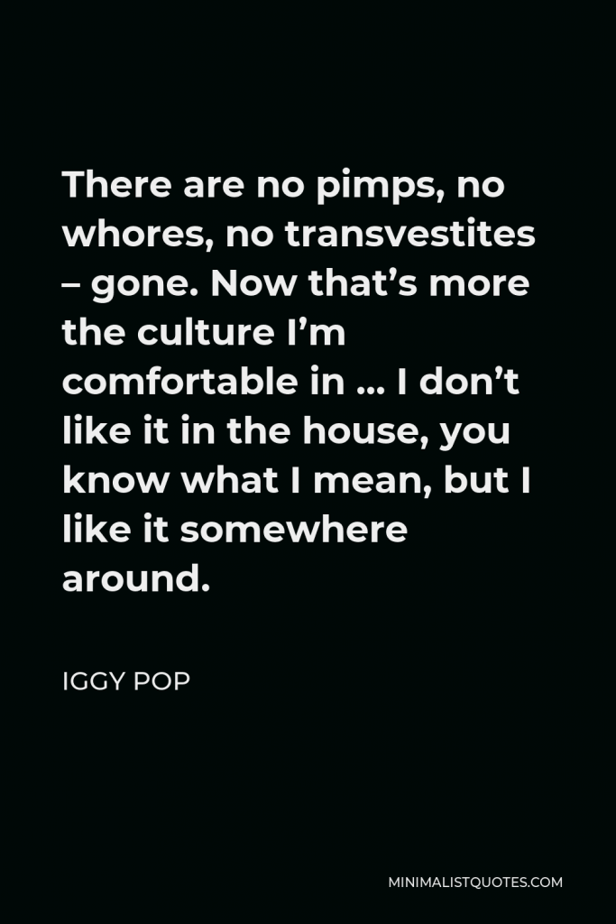 Iggy Pop Quote - There are no pimps, no whores, no transvestites – gone. Now that’s more the culture I’m comfortable in … I don’t like it in the house, you know what I mean, but I like it somewhere around.
