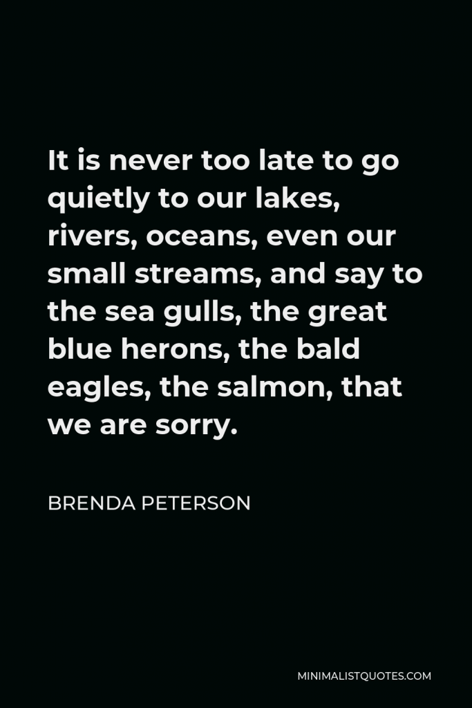 Brenda Peterson Quote - It is never too late to go quietly to our lakes, rivers, oceans, even our small streams, and say to the sea gulls, the great blue herons, the bald eagles, the salmon, that we are sorry.