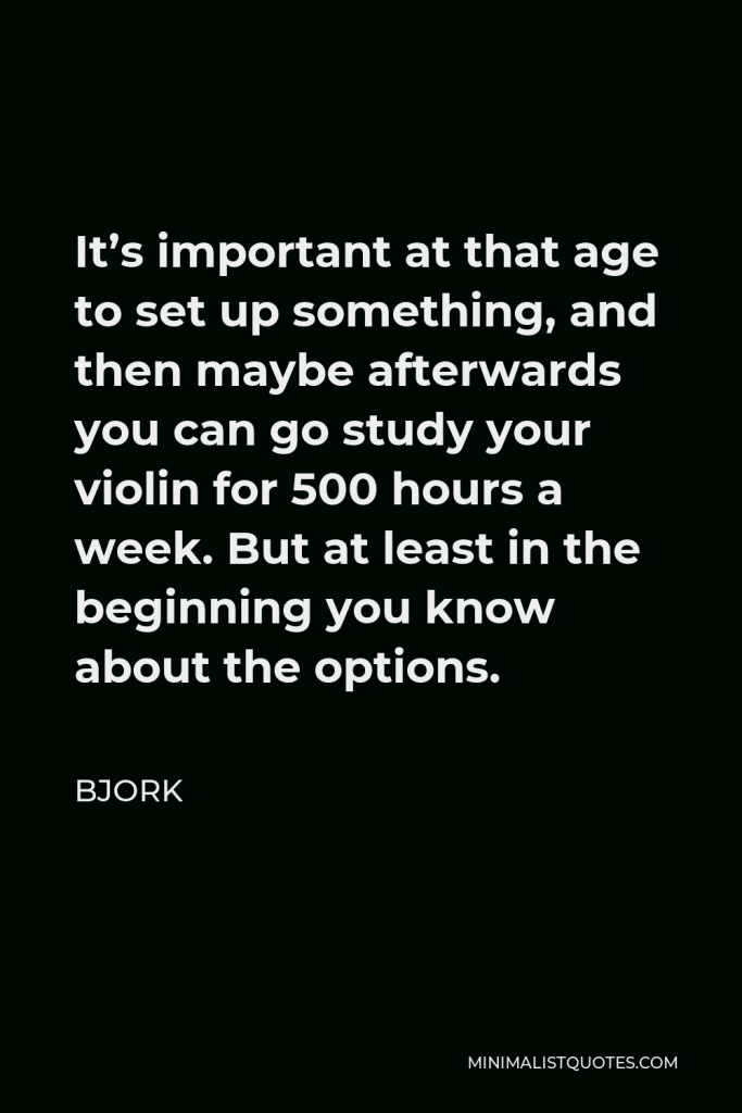 Bjork Quote - It’s important at that age to set up something, and then maybe afterwards you can go study your violin for 500 hours a week. But at least in the beginning you know about the options.