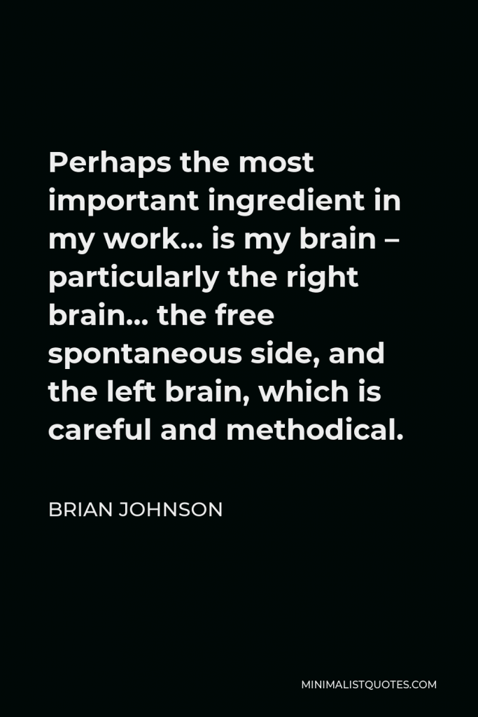 Brian Johnson Quote - Perhaps the most important ingredient in my work… is my brain – particularly the right brain… the free spontaneous side, and the left brain, which is careful and methodical.