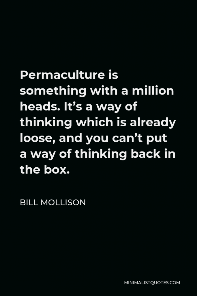 Bill Mollison Quote - Permaculture is something with a million heads. It’s a way of thinking which is already loose, and you can’t put a way of thinking back in the box.