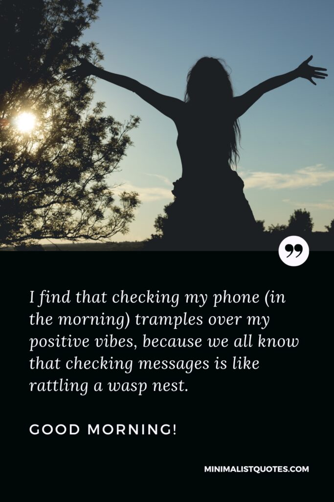 Good Morning Thought I find that checking my phone [in the morning] tramples over my positive vibes, because we all know that checking messages is like rattling a wasp nest. Good Morning!