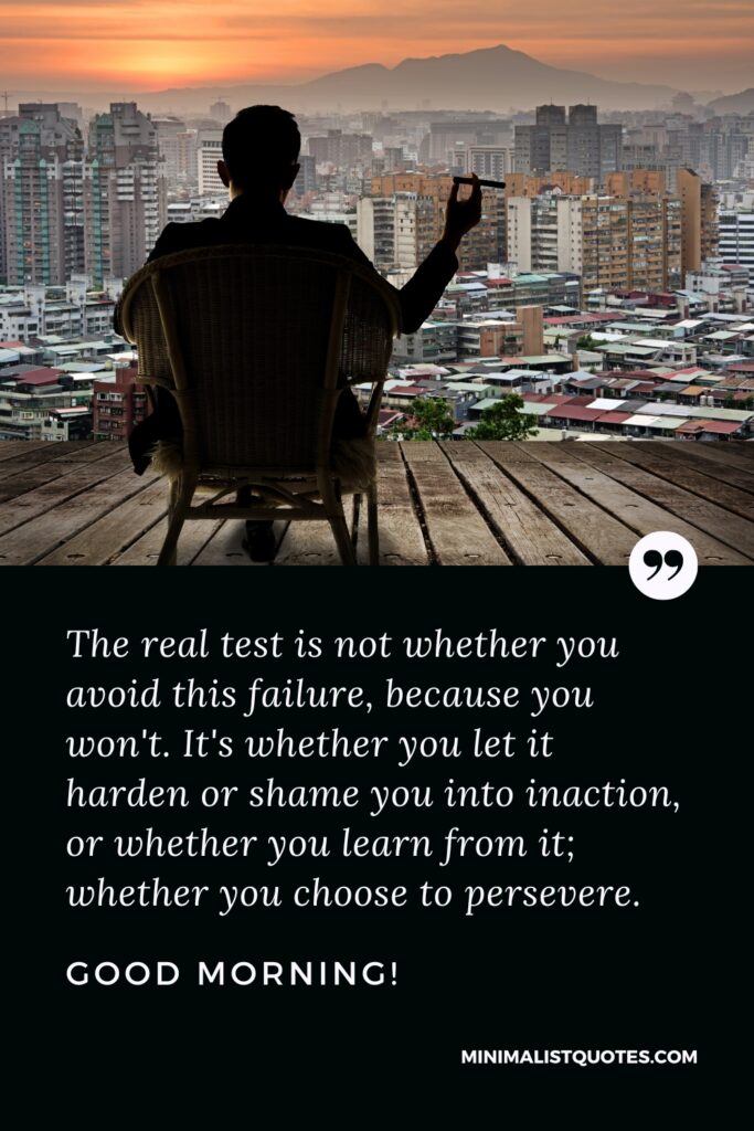 Good Morning Thought The real test is not whether you avoid this failure, because you won't. It's whether you let it harden or shame you into inaction, or whether you learn from it; whether you choose to persevere. Good Morning!