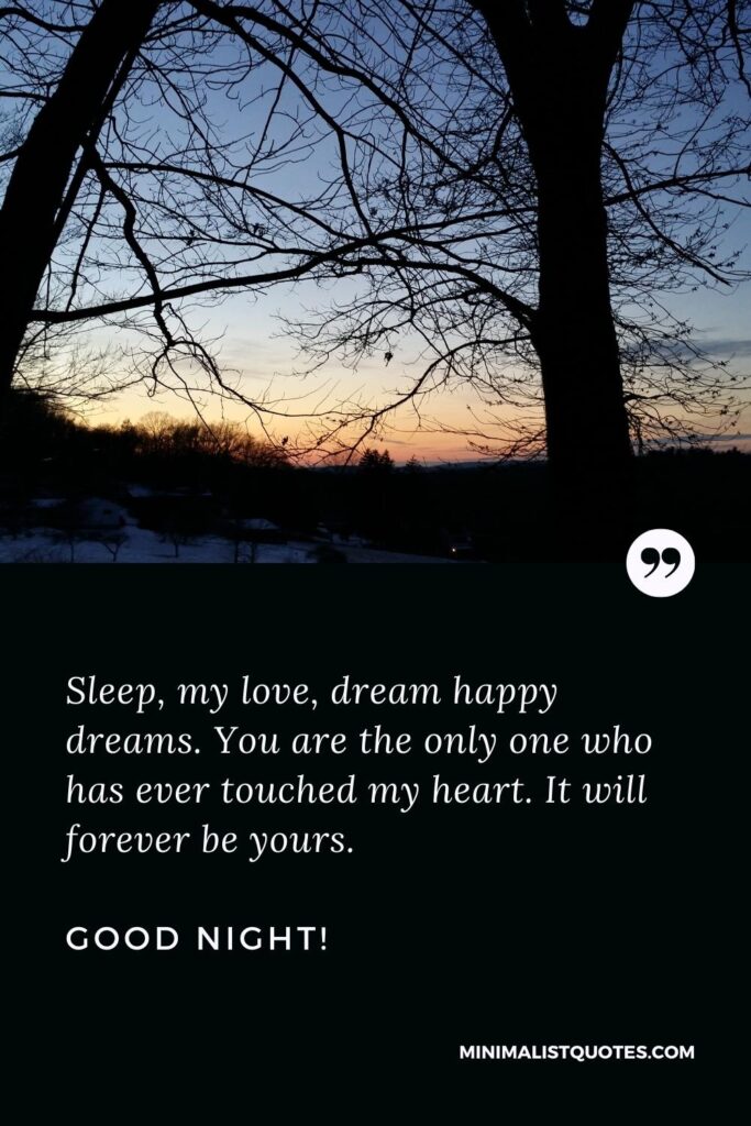 Good Night Quotes Sleep, my love, dream happy dreams. You are the only one who has ever touched my heart. It will forever be yours. Good Night!