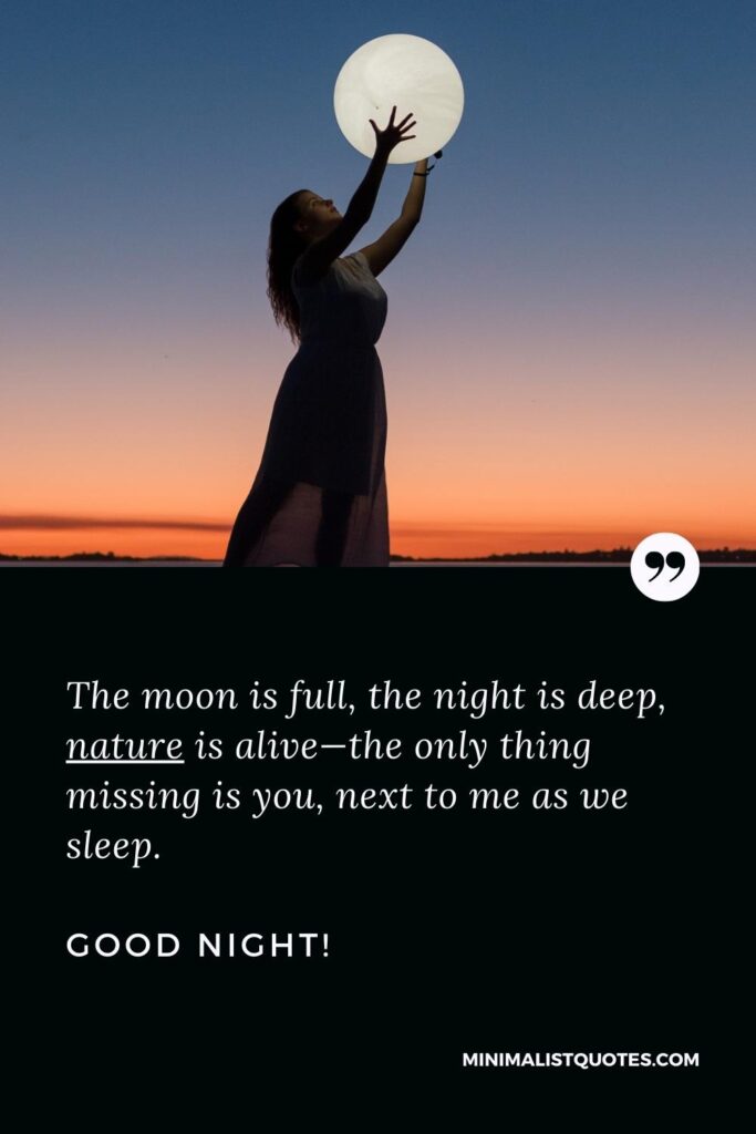 Good Night Wishes The moon is full, the night is deep, nature is alive—the only thing missing is you, next to me as we sleep. Good Night!