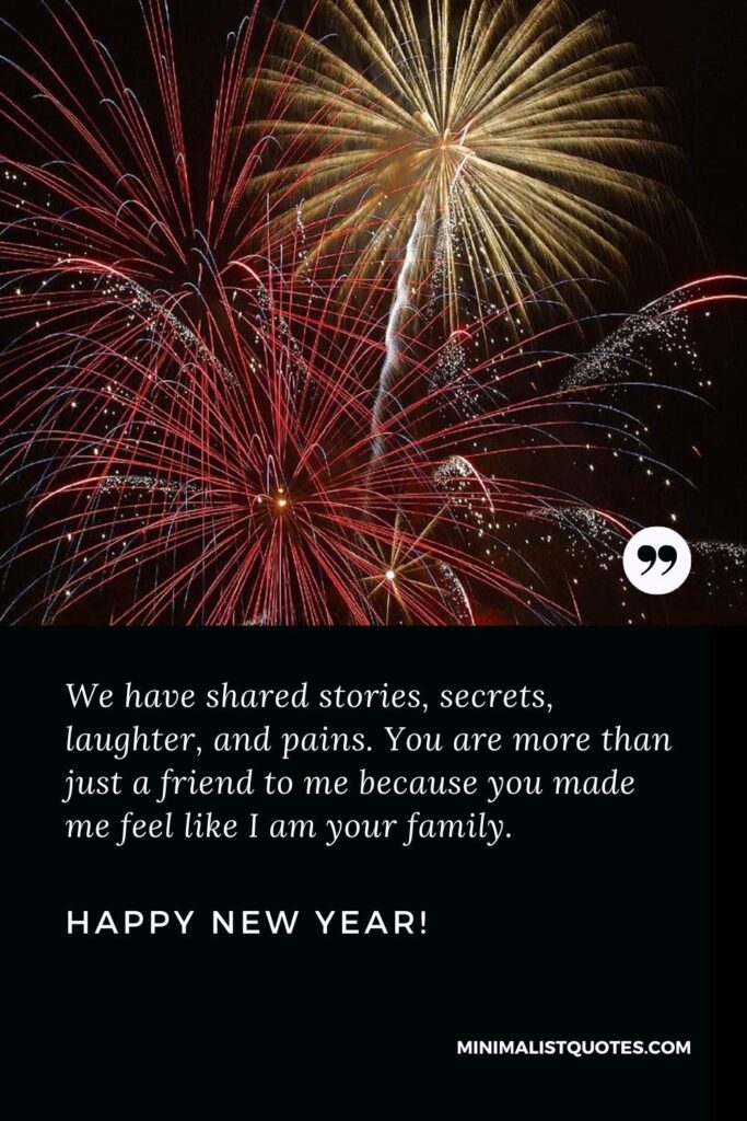 Happy New Year: We have shared stories, secrets, laughter, and pains. You are more than just a friend to me because you made me feel like I am your family. Happy New Year!