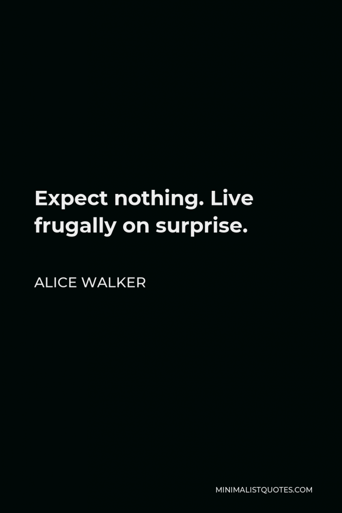 Alice Walker Quote - Expect nothing. Live frugally on surprise.