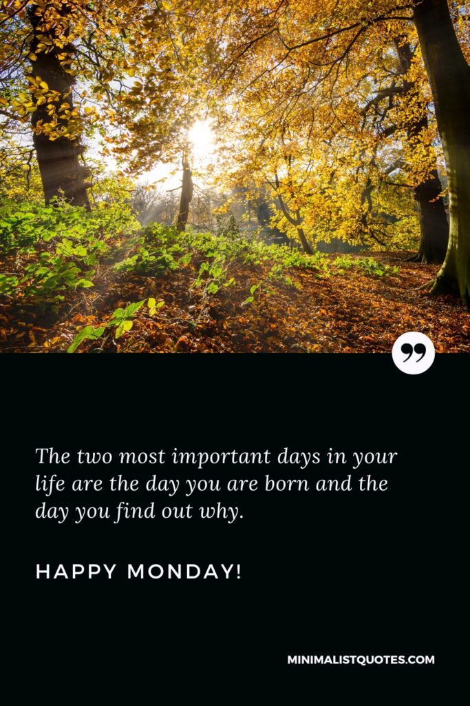 Happy Monday Motivational Quotes: The two most important days in your life are the day you are born and the day you find out why. Happy Monday!
