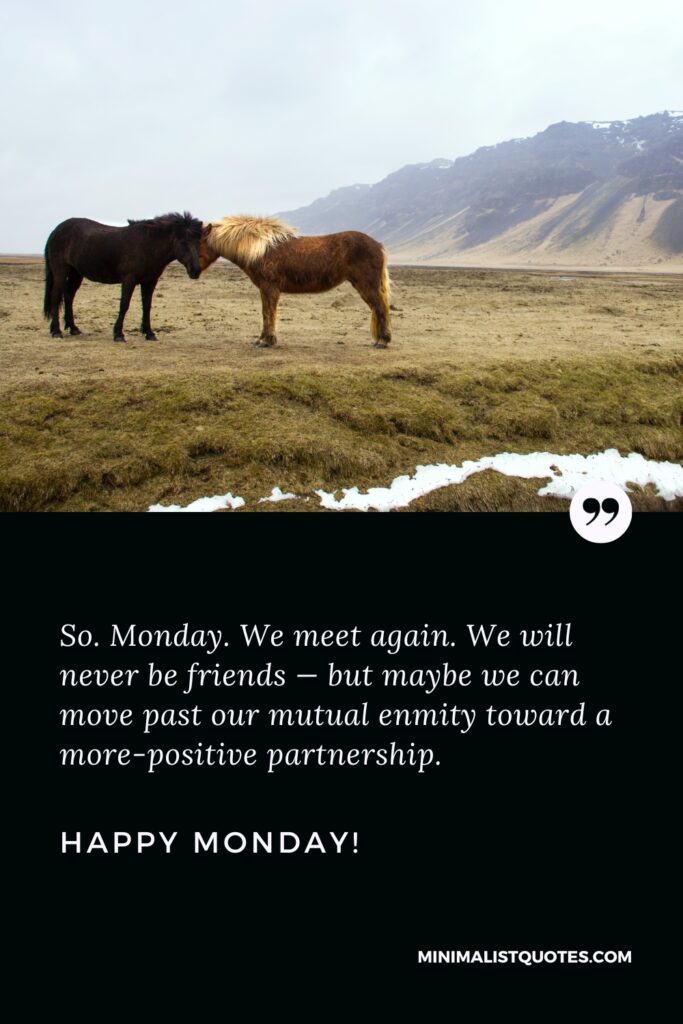 Happy Monday Wishes: So. Monday. We meet again. We will never be friends — but maybe we can move past our mutual enmity toward a more-positive partnership. Happy Monday!