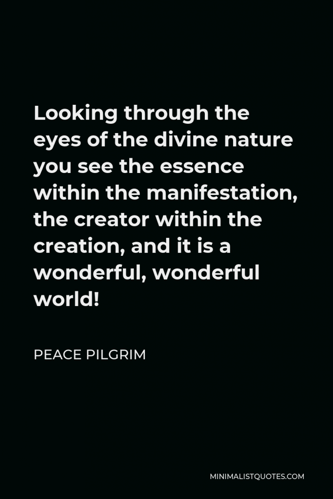 Peace Pilgrim Quote - Looking through the eyes of the divine nature you see the essence within the manifestation, the creator within the creation, and it is a wonderful, wonderful world!