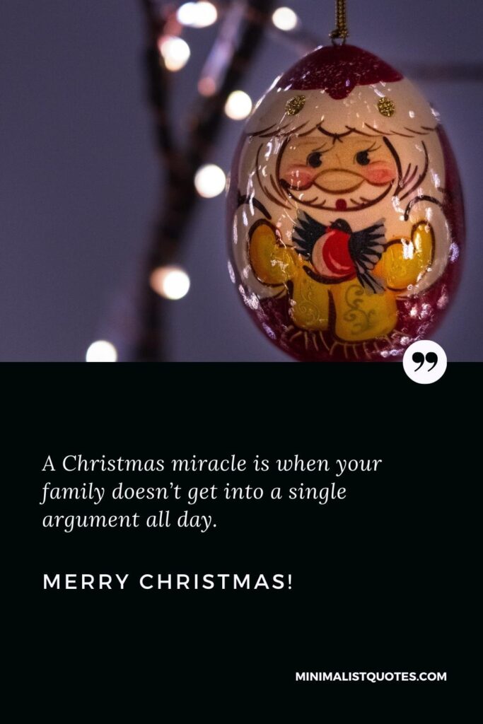 Merry Christmas Greetings: A Christmas miracle is when your family doesn’t get into a single argument all day. Merry Christmas!