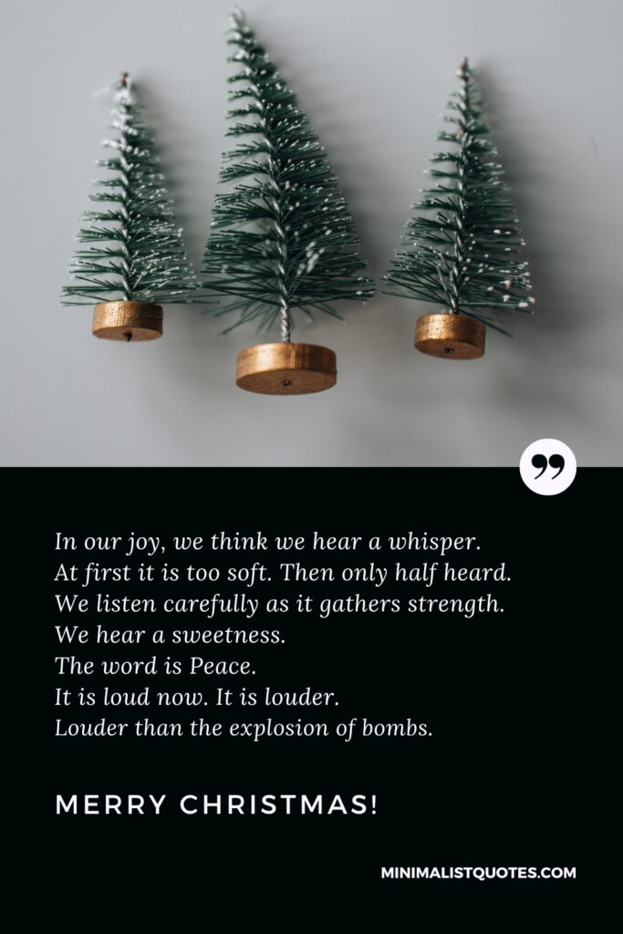 Merry Christmas Thoughts: In our joy, we think we hear a whisper. At first it is too soft. Then only half heard. We listen carefully as it gathers strength. We hear a sweetness. The word is Peace. It is loud now. It is louder. Louder than the explosion of bombs. Merry Christmas!