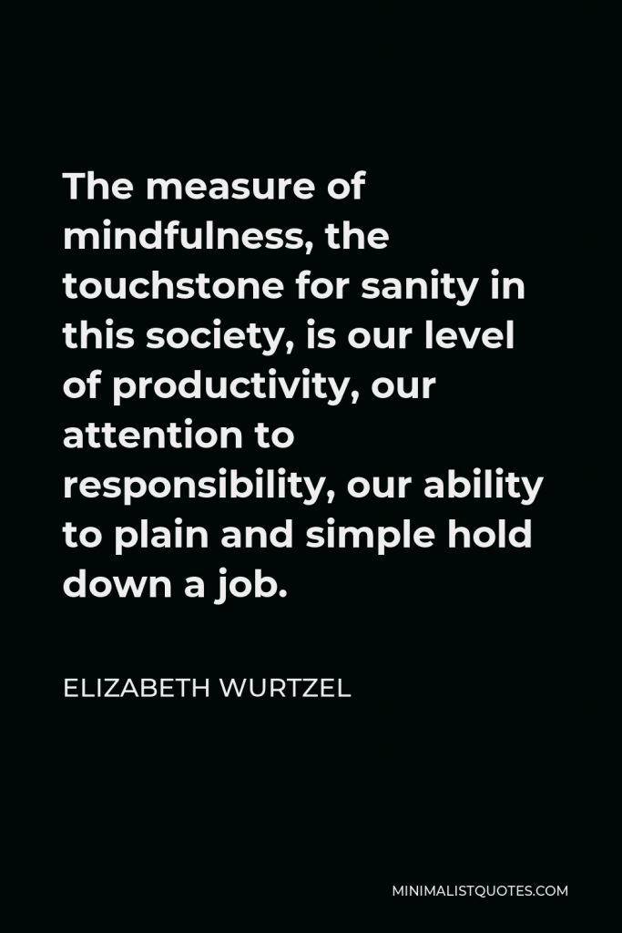 Elizabeth Wurtzel Quote - The measure of mindfulness, the touchstone for sanity in this society, is our level of productivity, our attention to responsibility, our ability to plain and simple hold down a job.