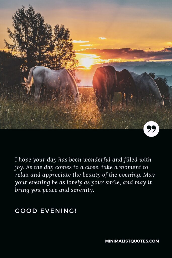Good Evening Message for a Friend: I hope your day has been wonderful and filled with joy. As the day comes to a close, take a moment to relax and appreciate the beauty of the evening. May your evening be as lovely as your smile, and may it bring you peace and serenity. Good Evening!
