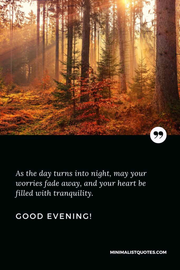 Good Evening Thoughts: As the day turns into night, may your worries fade away, and your heart be filled with tranquility. Good Evening!
