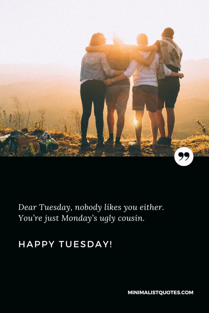 Happy Tuesday Best Quotes: Dear Tuesday, nobody likes you either. You’re just Monday’s ugly cousin. Happy Tuesday!