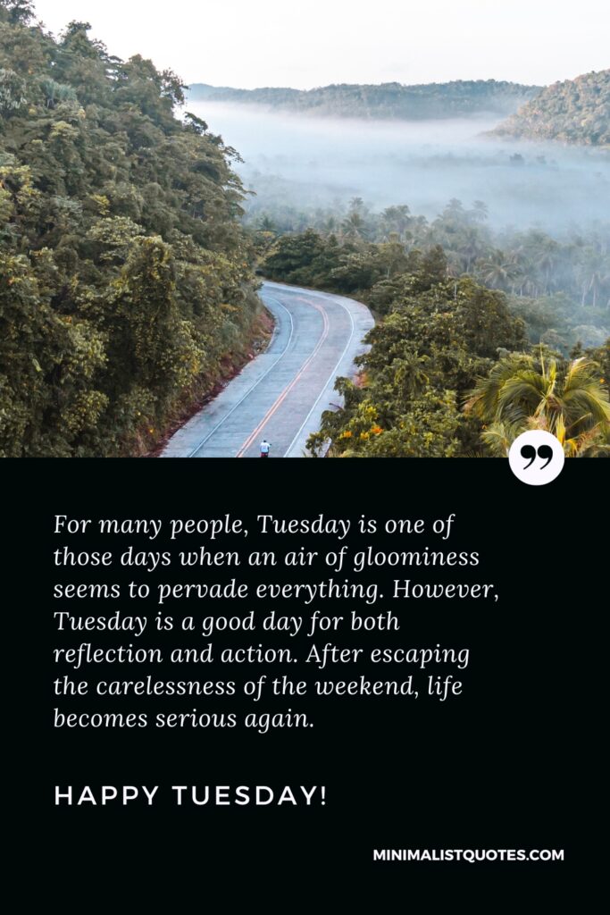 Happy Tuesday Motivational Thought: For many people, Tuesday is one of those days when an air of gloominess seems to pervade everything. However, Tuesday is a good day for both reflection and action. After escaping the carelessness of the weekend, life becomes serious again. Happy Tuesday!