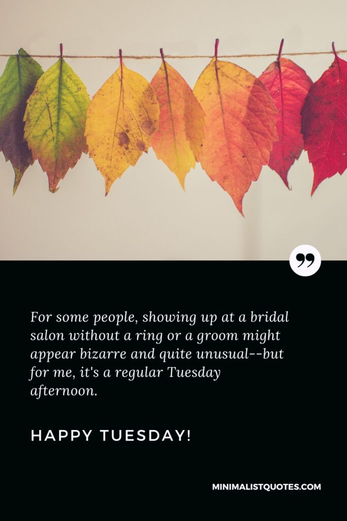 Happy Tuesday Quotes: For some people, showing up at a bridal salon without a ring or a groom might appear bizarre and quite unusual--but for me, it's a regular Tuesday afternoon. Happy Tuesday!