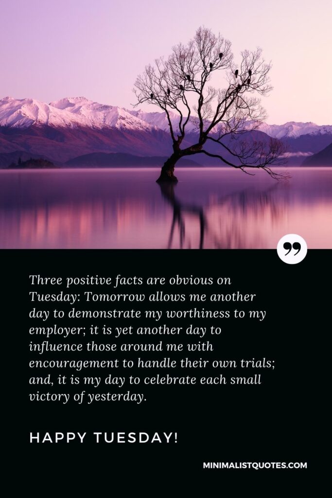 Happy Tuesday Quotes: Three positive facts are obvious on Tuesday: Tomorrow allows me another day to demonstrate my worthiness to my employer; it is yet another day to influence those around me with encouragement to handle their own trials; and, it is my day to celebrate each small victory of yesterday. Happy Tuesday!