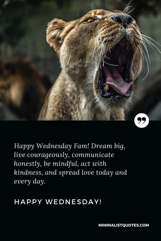 Happy Wednesday Wishes: Happy Wednesday Fam! Dream big, live courageously, communicate honestly, be mindful, act with kindness, and spread love today and every day. Happy Wednesday!