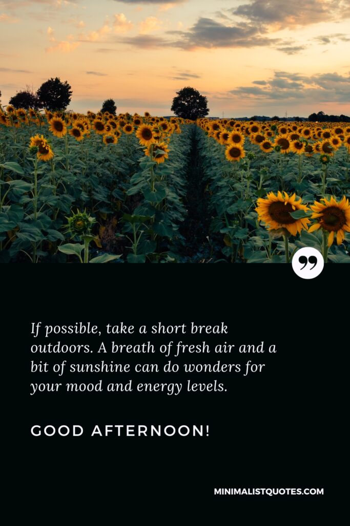 Good Afternoon Greetings: If possible, take a short break outdoors. A breath of fresh air and a bit of sunshine can do wonders for your mood and energy levels. Good Afternoon!