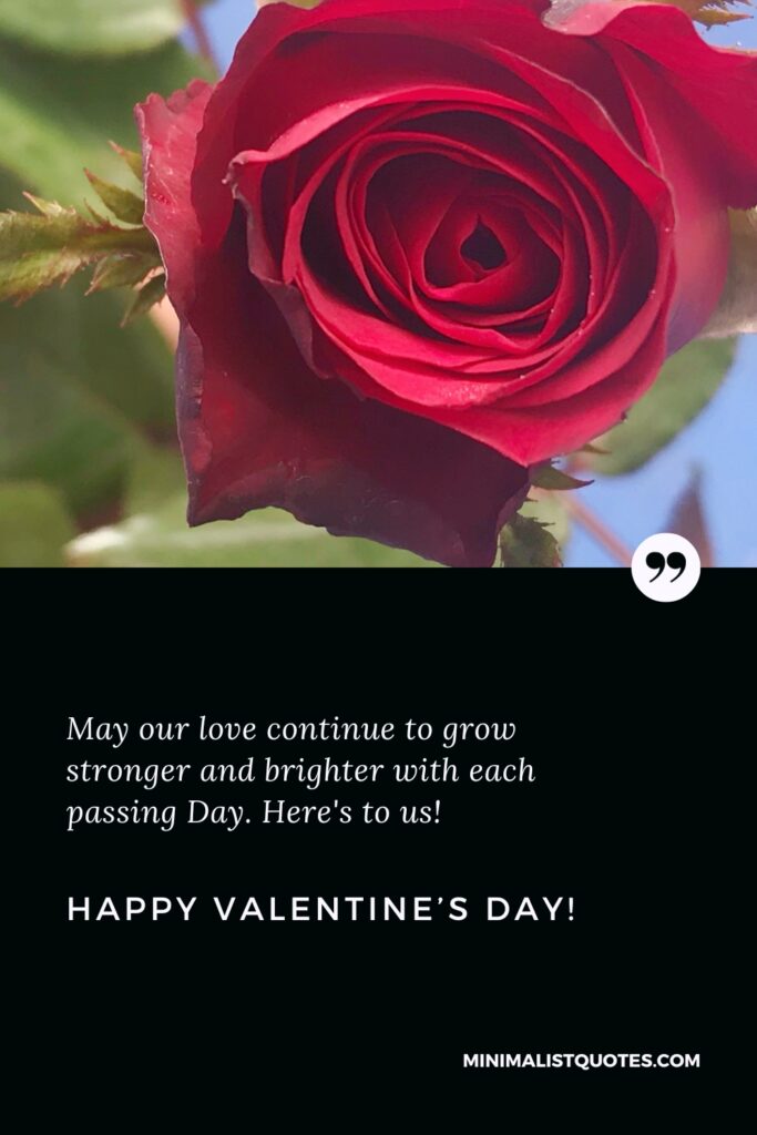 Happy Valentine's Day Wishes: May our love continue to grow stronger and brighter with each passing Day. Here's to us. Happy Valentine's Day!