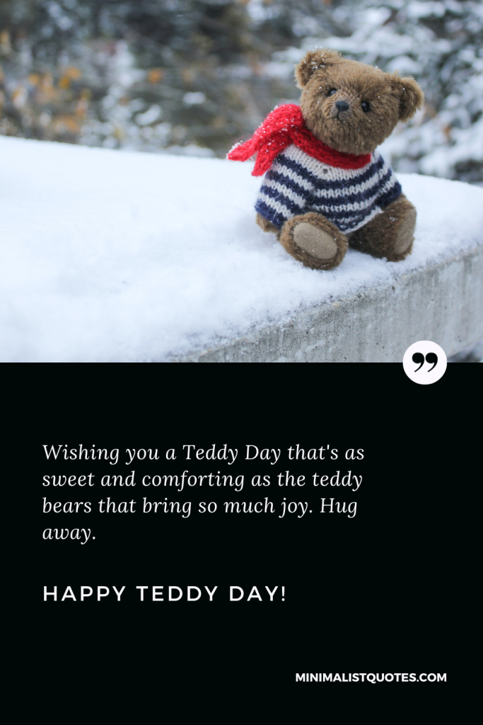 Happy Teddy Day Wishes: Wishing you a Teddy Day that's as sweet and comforting as the teddy bears that bring so much joy. Hug away. Happy Teddy Day!